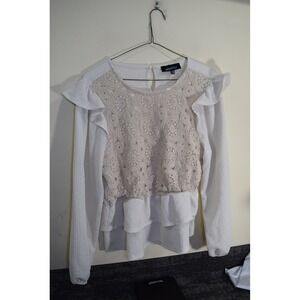 Alice Blue Womens XL White Crochet Lace Ruffle Peplum Long Sleeve Blouse Top